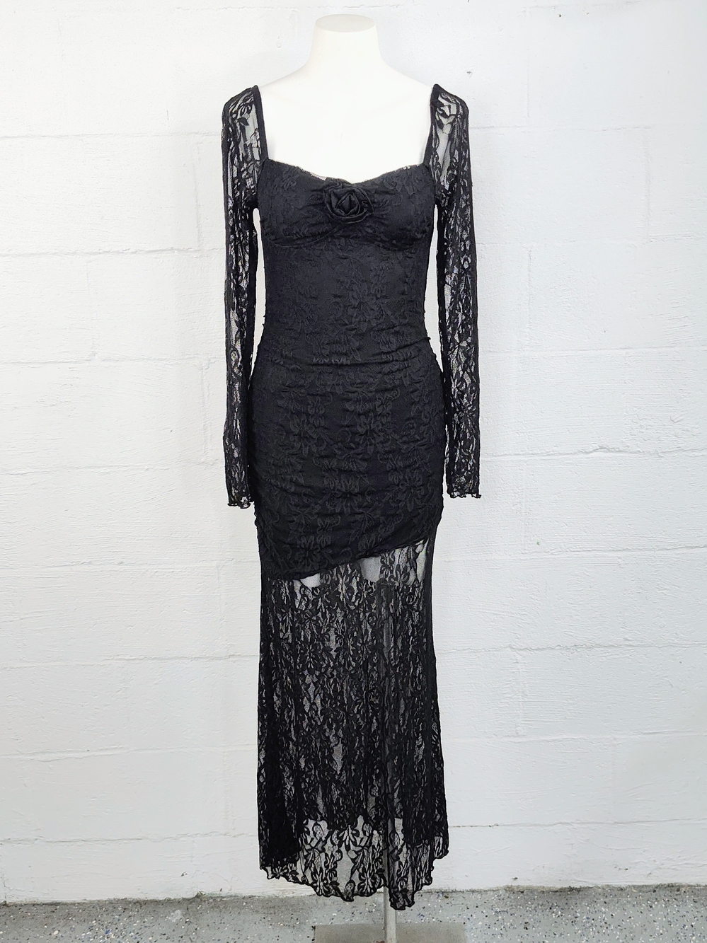 Gorglitter Black Stretch Lace Long-Sleeve Bodycon Maxi Dress